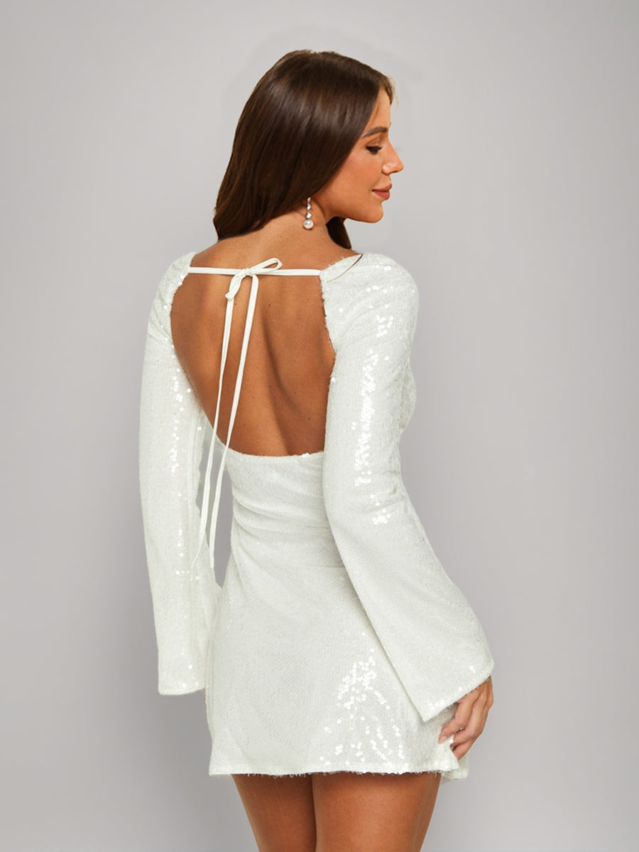 Sheath/Column Cowl Neck Long Sleeves Short Sequined Semi Formal Dresses