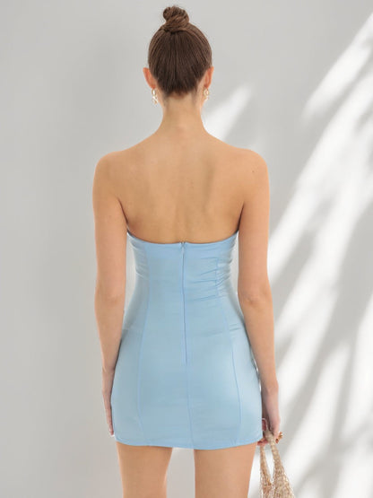 Sheath/Column Strapless Short/Mini Semi Formal Dresses with Ruffles & Side Slit