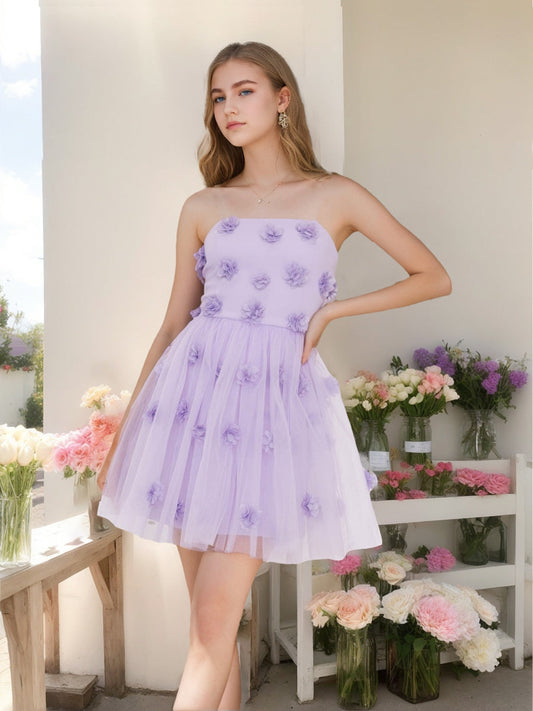 A-Line/Princess Strapless Sleeveless Short Semi Formal Dresses with Floral Appliques