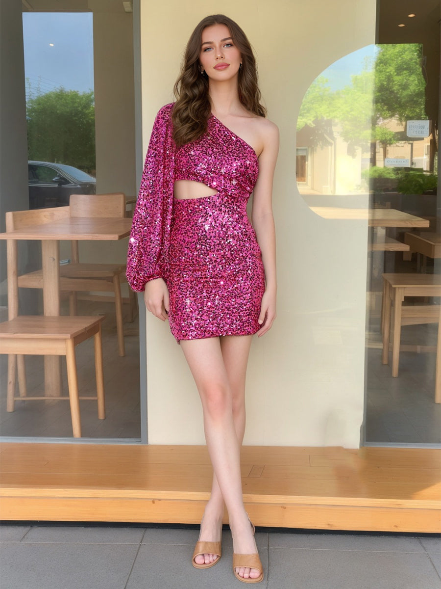 Sheath/Column One-Shoulder Short Semi Formal Dresses with Sequins & Cut Out
