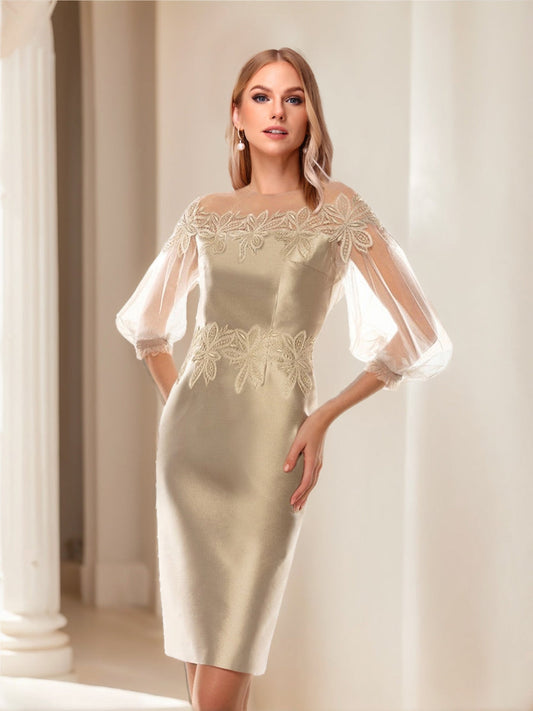 Sheath/Column Illusion Crew Neck Knee-Length Mother of the Bride Dresses with Appliques