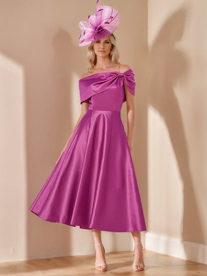 A-Line/Princess Off-the-Shoulder Short Sleeves Tea-Length Mother of the Bride Dresses