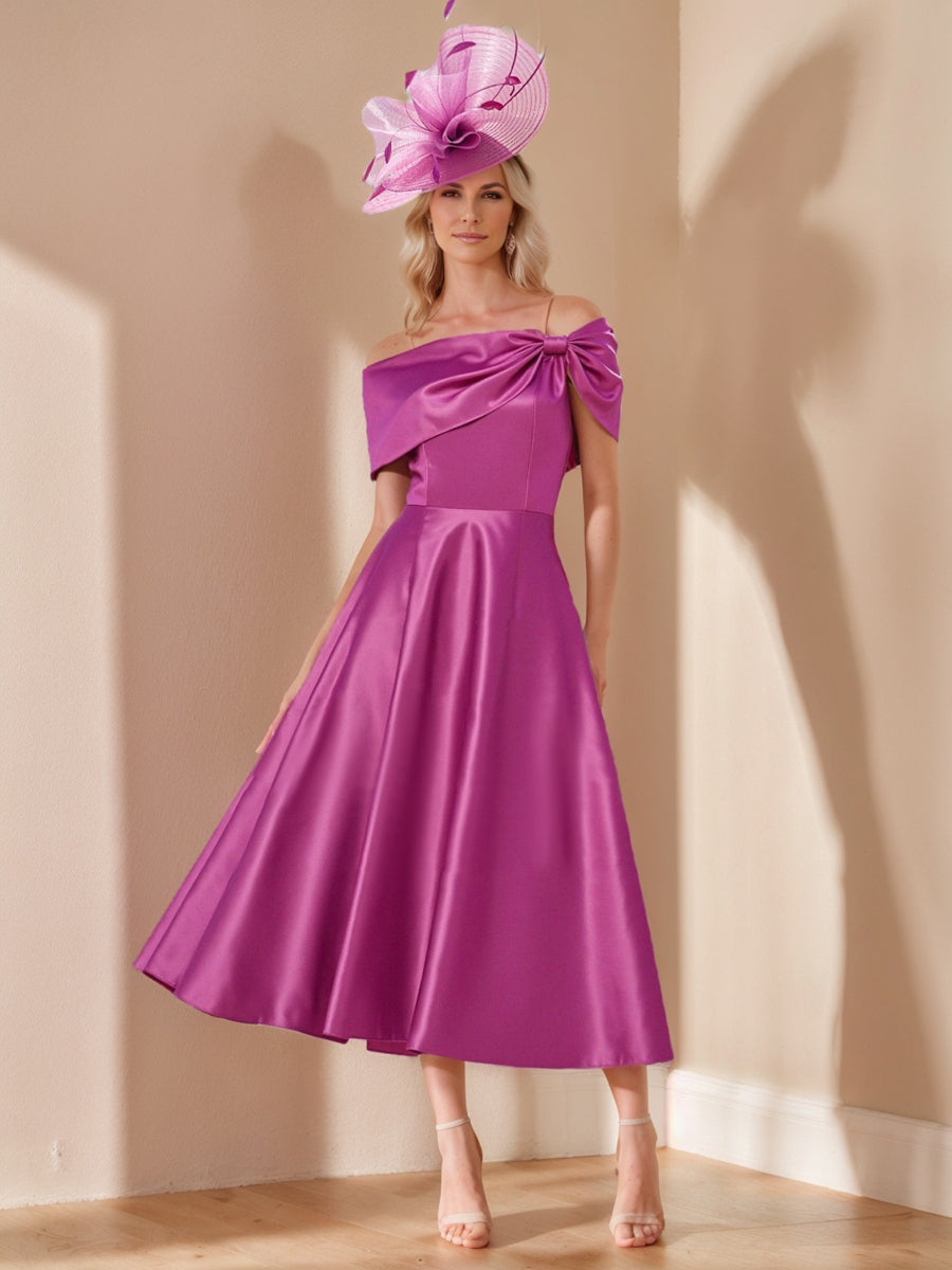 A-Line/Princess Off-the-Shoulder Short Sleeves Tea-Length Mother of the Bride Dresses