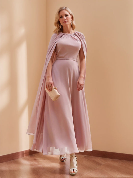 A-Line/Princess Jewel-Neck Ankle-Length Chiffon Mother of the Bride Dresses with Cape