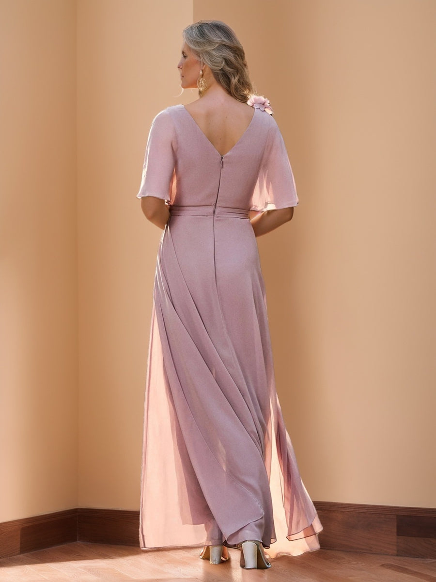 Chiffon V-Neck Half Sleeveless Mother of the Bride Pantsuits with 3D Floral