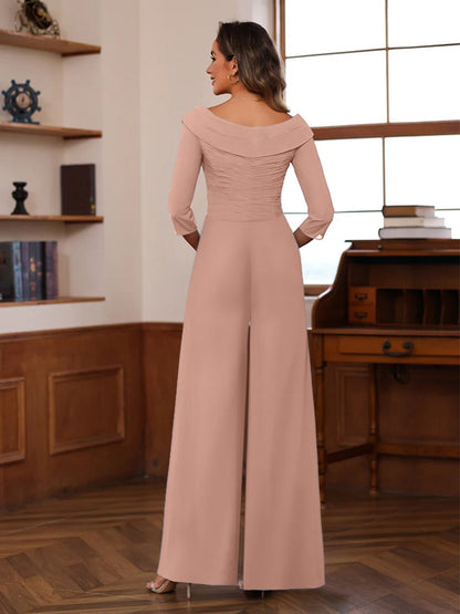 Chiffon V-Neck 3/4 Sleeveless Ruched Mother of the Bride Pantsuits with Sash