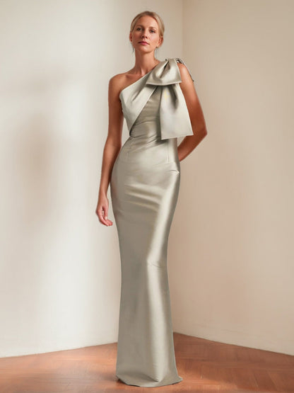 Sheath/Column One-Shoulder Floor-Length Long Mother of the Bride Dresses with Bow