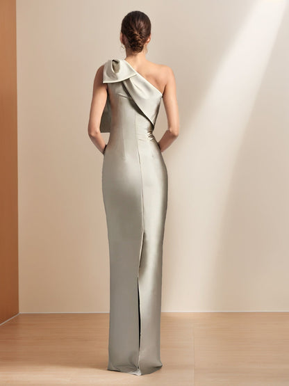 Sheath/Column One-Shoulder Floor-Length Long Mother of the Bride Dresses with Bow