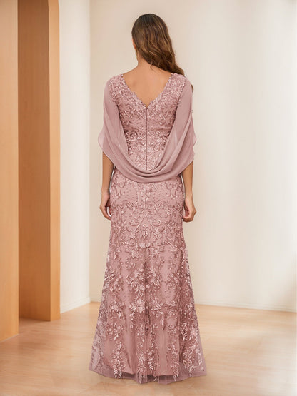 Sheath/Column V-Neck Short Sleeves Appliques Mother of the Bride Dresses with Cape