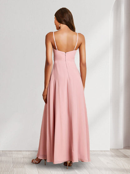 Trumpet/Mermaid Straps V-Neck Chiffon Bridesmaid Dresses with Ruffles & Split Side