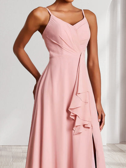 Trumpet/Mermaid Straps V-Neck Chiffon Bridesmaid Dresses with Ruffles & Split Side