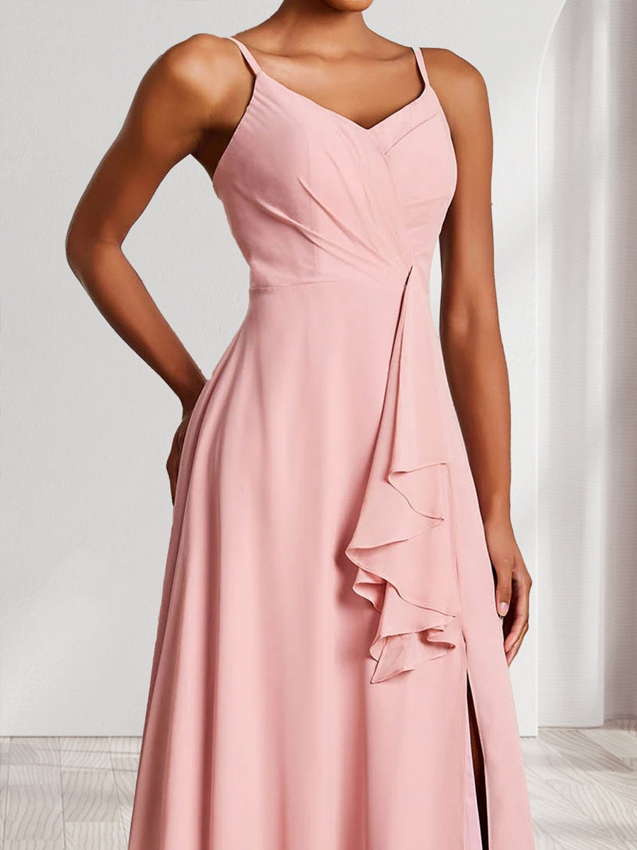 Trumpet/Mermaid Straps V-Neck Chiffon Bridesmaid Dresses with Ruffles & Split Side