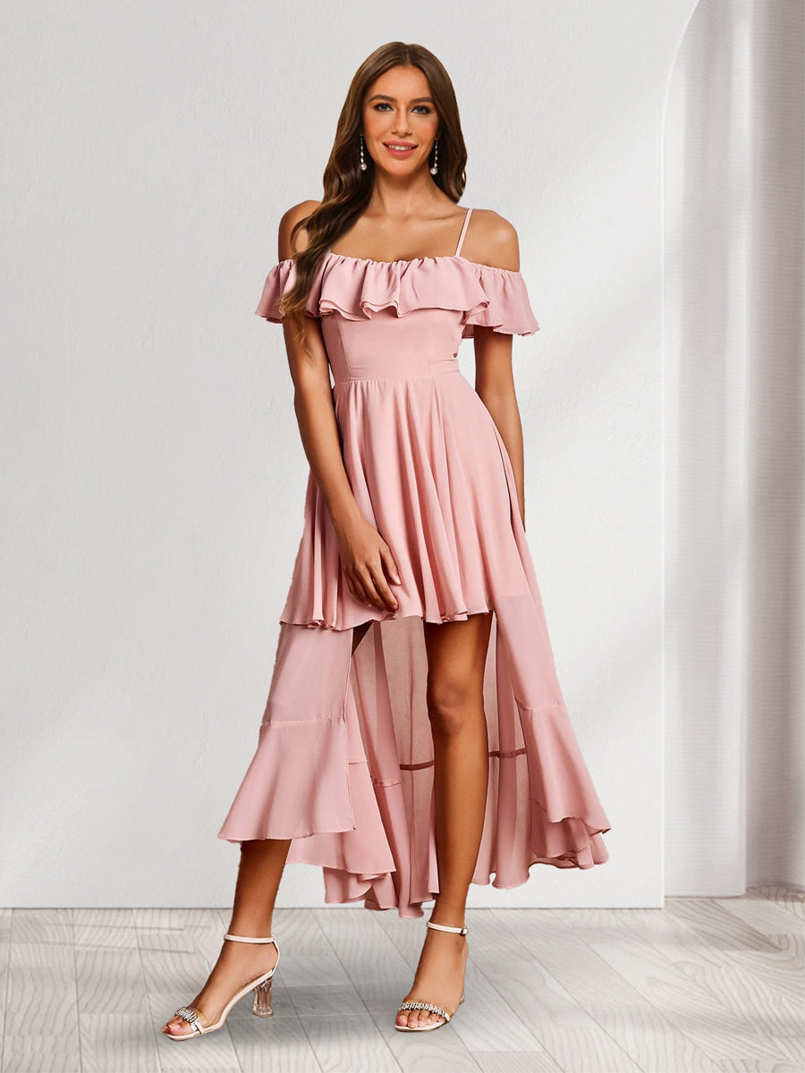 A-Line/Princess Off-the-Shoulder Asymmetrical Ruffle Chiffon Bridesmaid Dresses