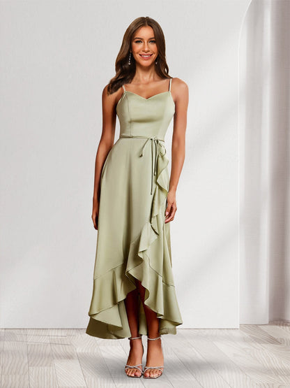 A-Line/Princess V-Neck Straps Asymmetrical Wedding Guest Dresses with Ruffles