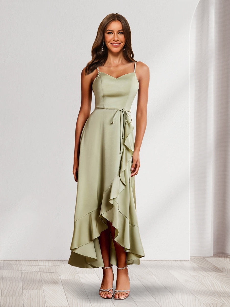 A-Line/Princess V-Neck Straps Asymmetrical Wedding Guest Dresses with Ruffles