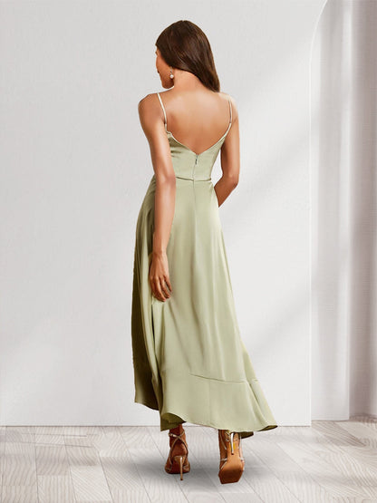 A-Line/Princess V-Neck Straps Asymmetrical Wedding Guest Dresses with Ruffles