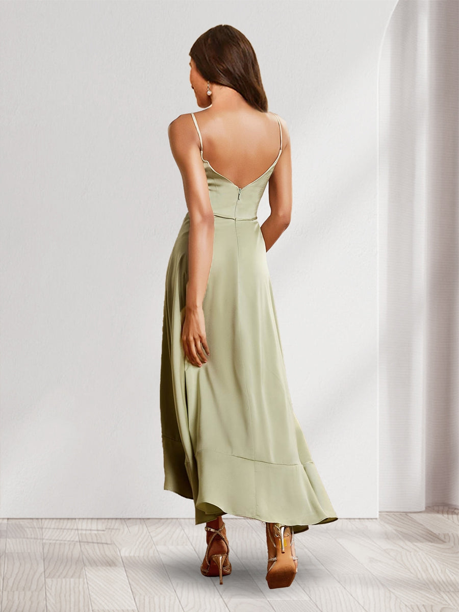 A-Line/Princess V-Neck Straps Asymmetrical Wedding Guest Dresses with Ruffles