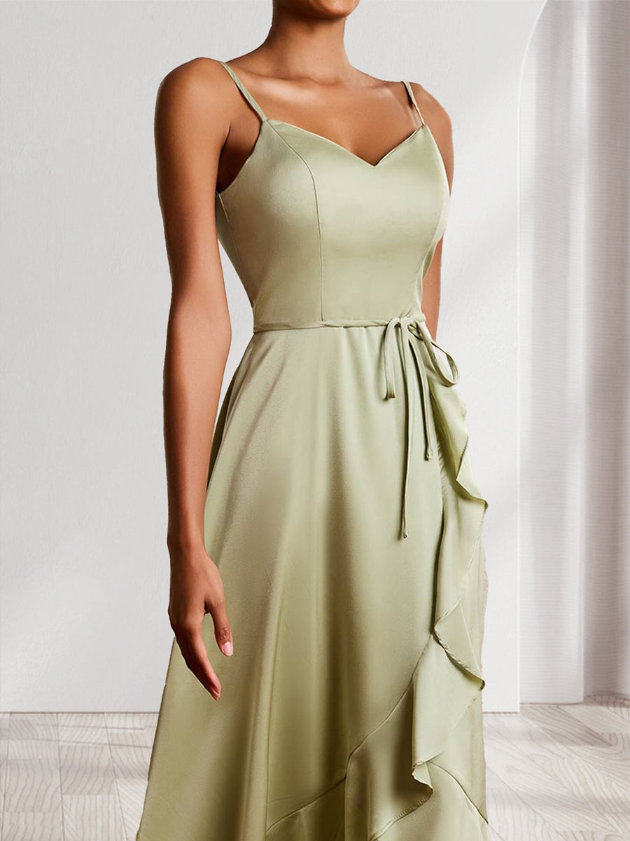 A-Line/Princess V-Neck Straps Asymmetrical Wedding Guest Dresses with Ruffles