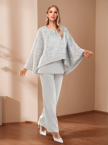 Chiffon Crew Neck Long Sleeves 3 Piece Mother of the Bride Pantsuits with Sequins