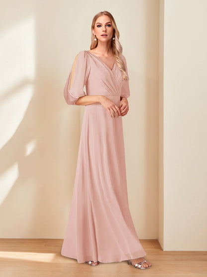A-Line/Princess V-Neck Half Sleeves Chiffon Mother of the Bride Dresses