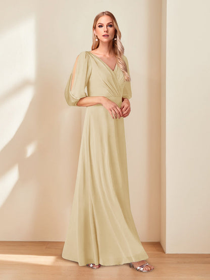 A-Line/Princess V-Neck Half Sleeves Chiffon Mother of the Bride Dresses