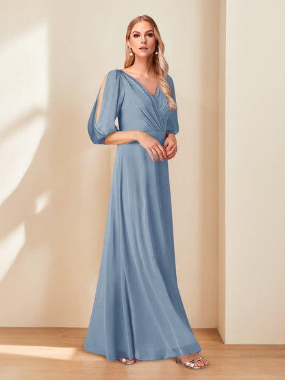 A-Line/Princess V-Neck Half Sleeves Chiffon Mother of the Bride Dresses