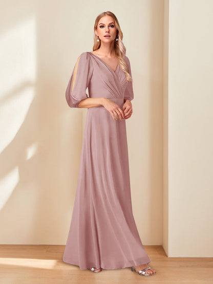 A-Line/Princess V-Neck Half Sleeves Chiffon Mother of the Bride Dresses