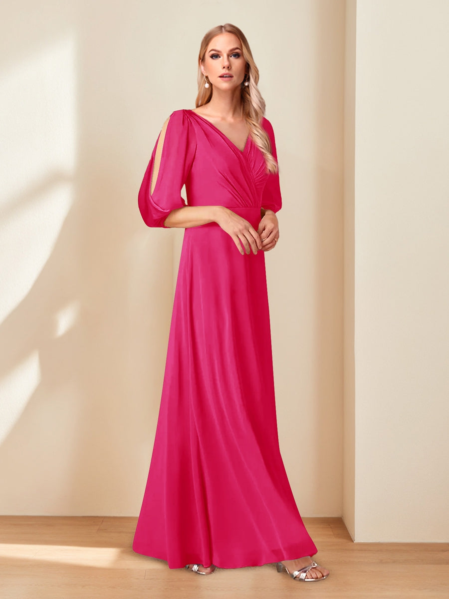 A-Line/Princess V-Neck Half Sleeves Chiffon Mother of the Bride Dresses