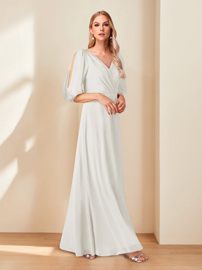 A-Line/Princess V-Neck Half Sleeves Chiffon Mother of the Bride Dresses