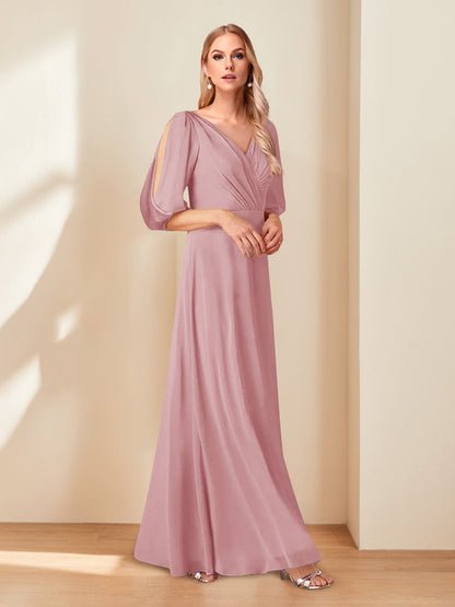 A-Line/Princess V-Neck Half Sleeves Chiffon Mother of the Bride Dresses