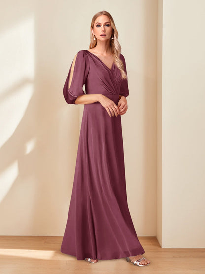 A-Line/Princess V-Neck Half Sleeves Chiffon Mother of the Bride Dresses