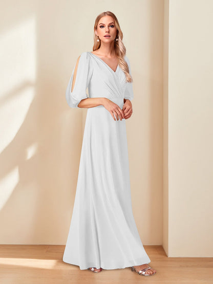 A-Line/Princess V-Neck Half Sleeves Chiffon Mother of the Bride Dresses