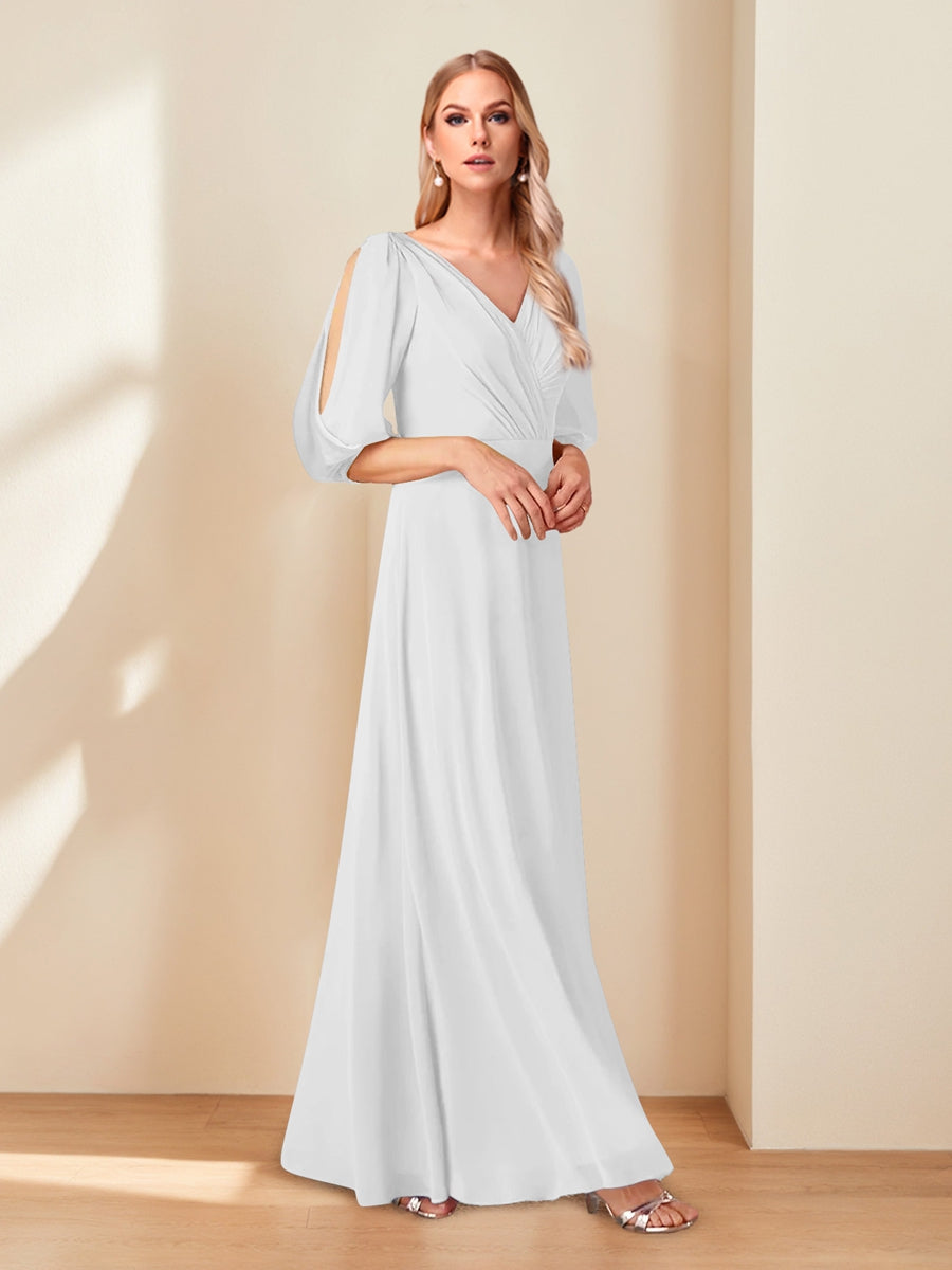 A-Line/Princess V-Neck Half Sleeves Chiffon Mother of the Bride Dresses