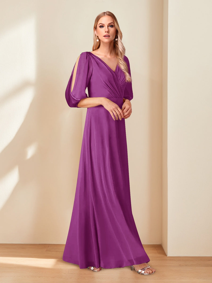 A-Line/Princess V-Neck Half Sleeves Chiffon Mother of the Bride Dresses