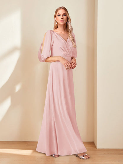 A-Line/Princess V-Neck Half Sleeves Chiffon Mother of the Bride Dresses
