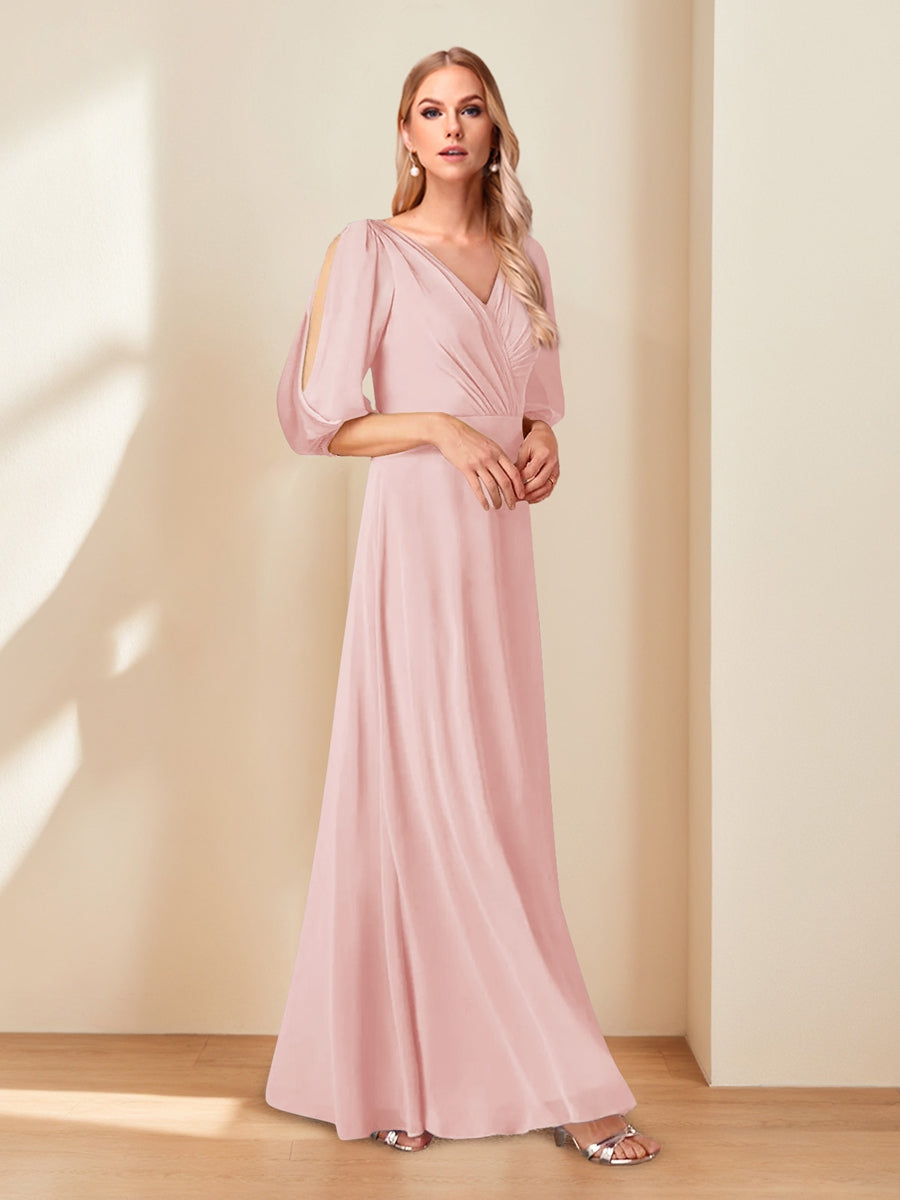 A-Line/Princess V-Neck Half Sleeves Chiffon Mother of the Bride Dresses