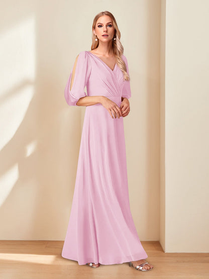 A-Line/Princess V-Neck Half Sleeves Chiffon Mother of the Bride Dresses