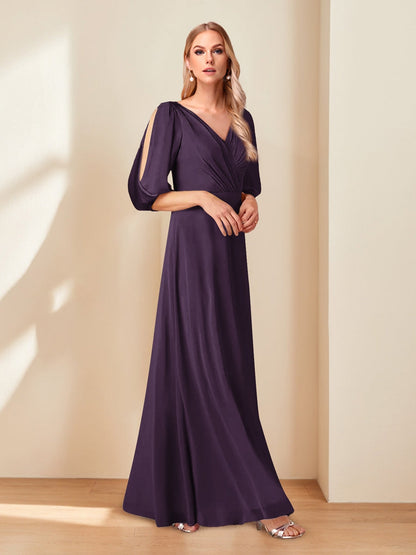 A-Line/Princess V-Neck Half Sleeves Chiffon Mother of the Bride Dresses