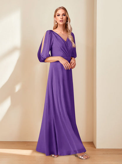 A-Line/Princess V-Neck Half Sleeves Chiffon Mother of the Bride Dresses