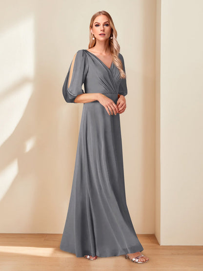 A-Line/Princess V-Neck Half Sleeves Chiffon Mother of the Bride Dresses