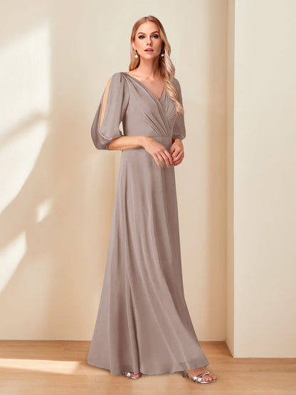 A-Line/Princess V-Neck Half Sleeves Chiffon Mother of the Bride Dresses