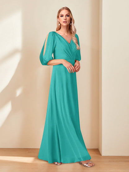 A-Line/Princess V-Neck Half Sleeves Chiffon Mother of the Bride Dresses