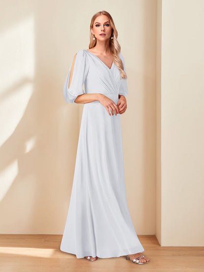 A-Line/Princess V-Neck Half Sleeves Chiffon Mother of the Bride Dresses