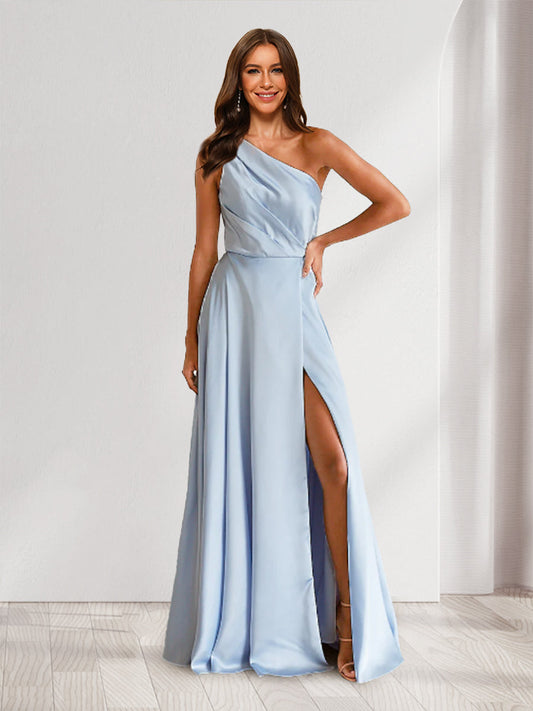 A-Line/Princess One-Shoulder Pleated Bridesmaid Dresses with Split Side