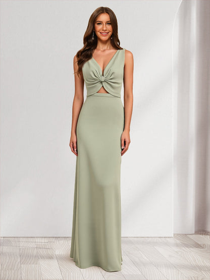 Sheath/Column V-Neck Knot Front Long Bridesmaid Dresses with Hollow Out