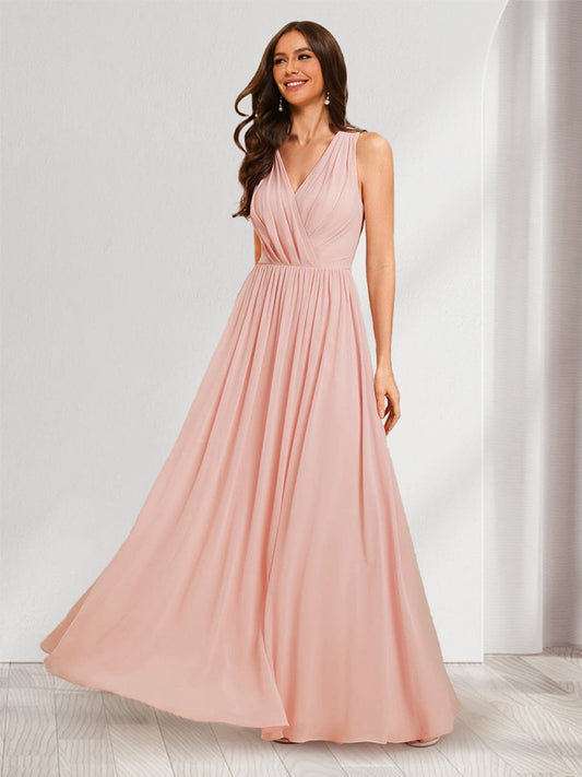 A-Line/Princess V-Neck Sleeveless Lace Long Bridesmaid Dresses