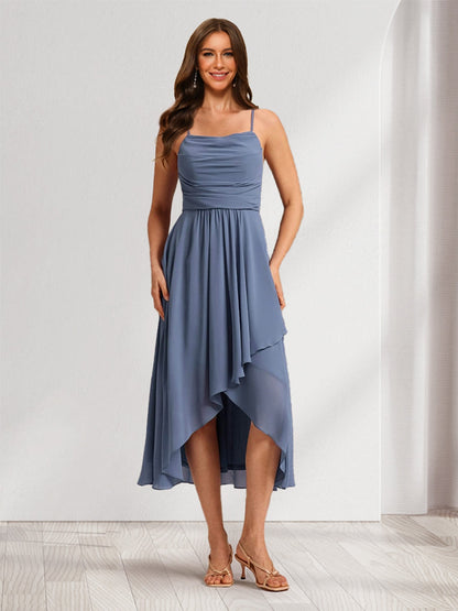 A-Line/Princess Straps Tea-Length Asymmetrical Chiffon Bridesmaid Dresses