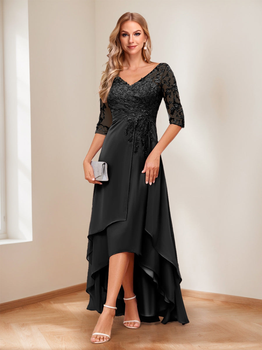 A-Line/Princess V-Neck Half Sleeves Asymmetrical Mother of the Bride Dresses with Appliques