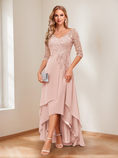 A-Line/Princess V-Neck Half Sleeves Asymmetrical Mother of the Bride Dresses with Appliques