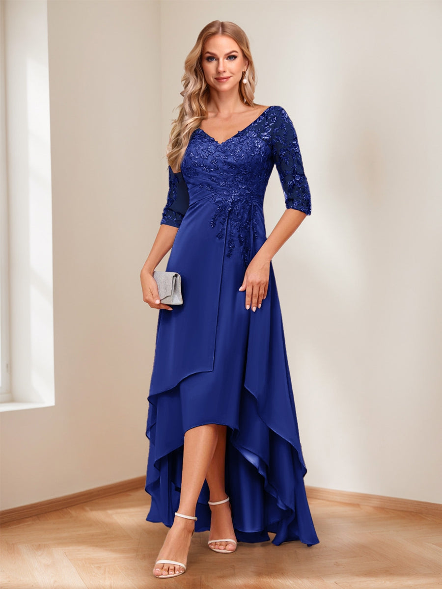 A-Line/Princess V-Neck Half Sleeves Asymmetrical Mother of the Bride Dresses with Appliques